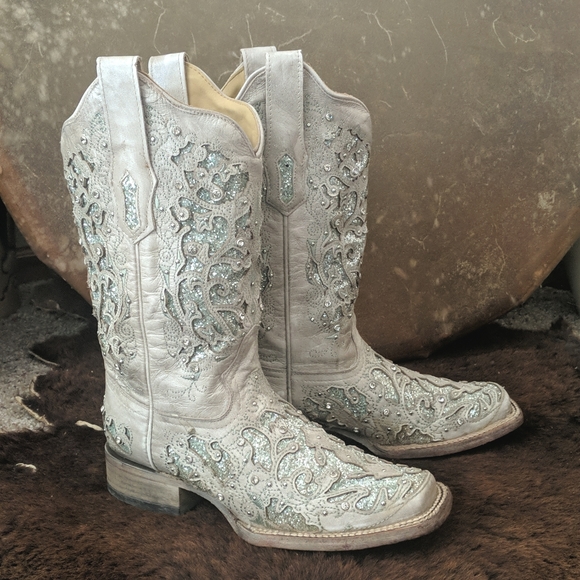 CORRAL A3435 Green Glitter Inlay & Crystals Square Toe Wedding cowgirl boots 7.5 - Picture 7 of 16